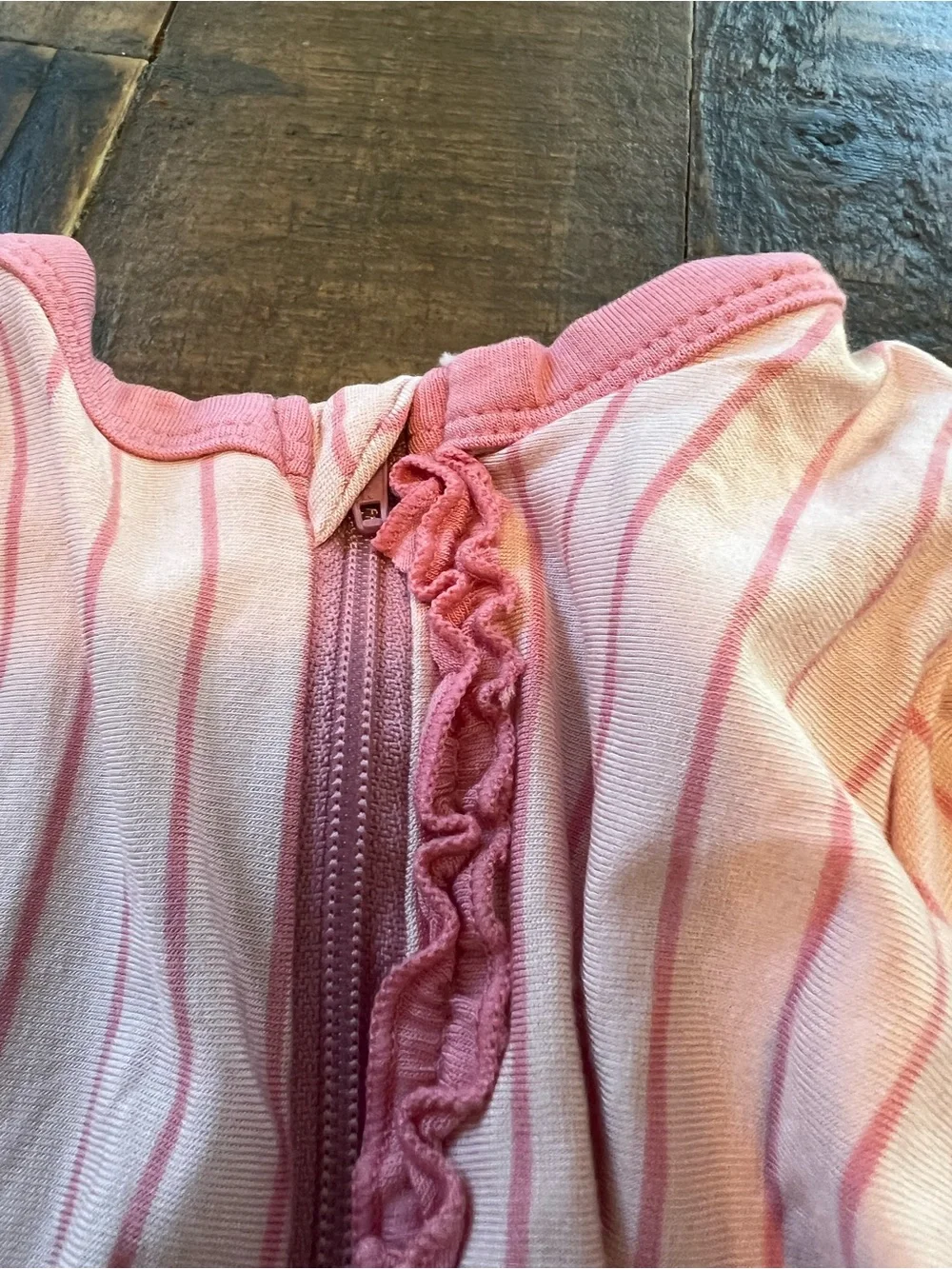 Kickee Pants size 6-9 months pink stripe ruffle with two way zipper footie new